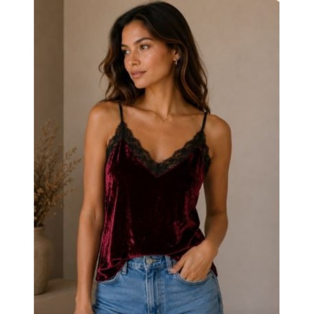 Cami Tank Top XL Burgundy Red Velvet Lace Goth Grunge Vampy Romantic Festive Y2K